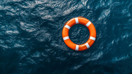 Orange Lifebuoy Floating in Blue Ocean