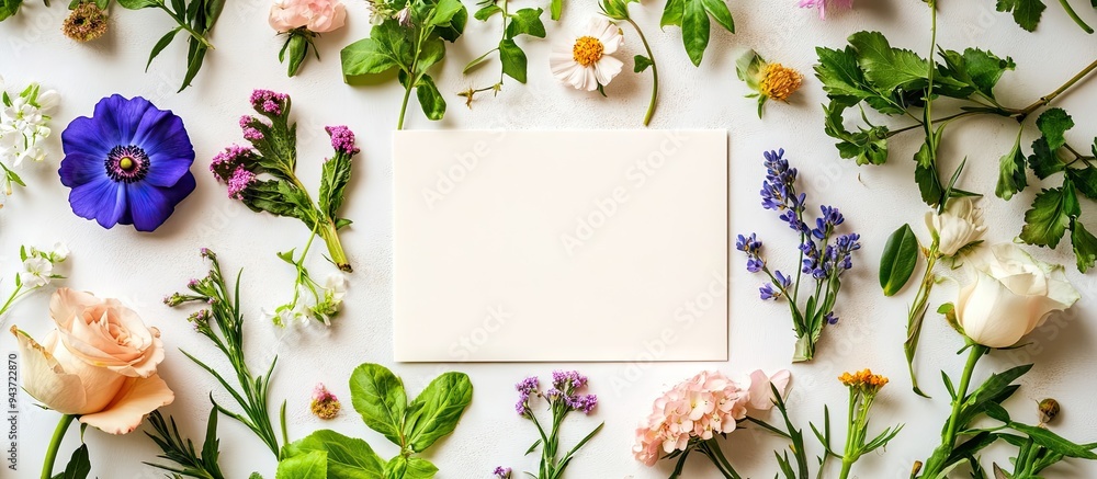 Leinwandbilder arrangement of a blank card and various flowers on a light background close up. with copy space imag
