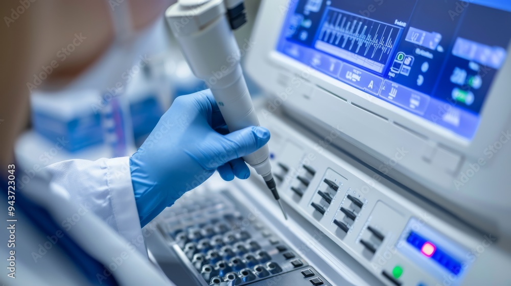 Poster Close-up view of a researcher's hands controlling a PCR machine, focusing on the machine's display and control systems.