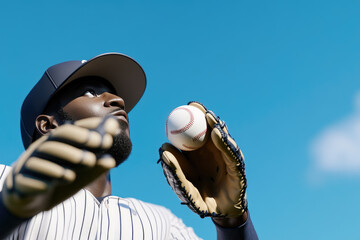 A focused baseball player preparing to pitch, wearing a striped jersey and a cap, holding a baseball aloft against a bright blue sky, exuding determination and concentration