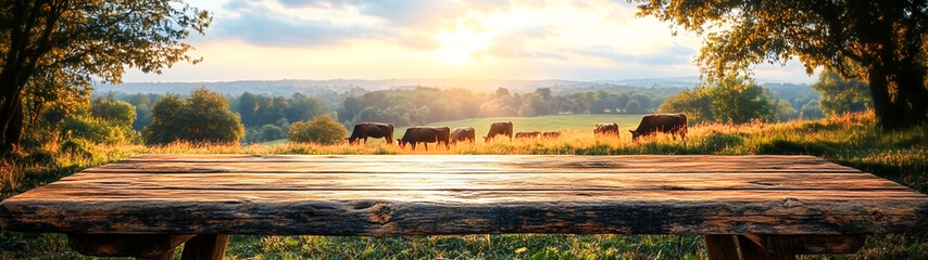 Naklejka premium Tranquil Countryside Serenity with Wooden Table and Grazing Cows