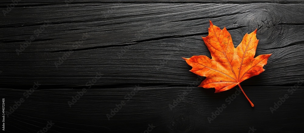 Aufkleber autumn leaf on a black wood painted background autumn hues. with copy space image. place for adding 