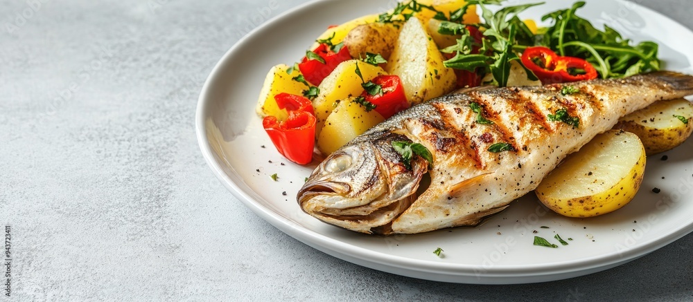 Leinwandbilder cod fish with red pepper potato and salad on a white plate against a ceramic background. with copy s