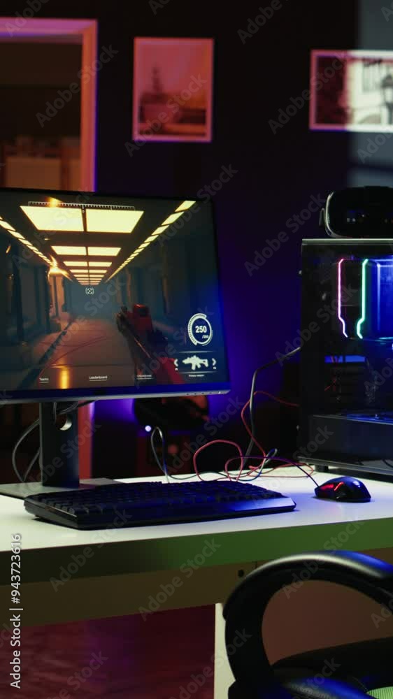 Poster vertical video computer screen showing fps videogame left open at night in empty apartment with rgb 