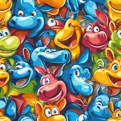 Fototapeta premium A vibrant collage of cartoon animal faces, showcasing diverse expressions and colors.