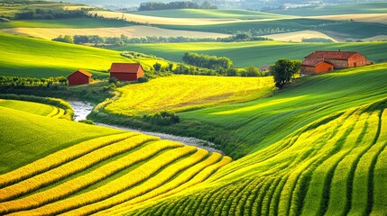 A serene landscape showcasing lush green hills and golden fields under a bright sky. Red barns complement the scenery. This image captures the beauty of rural life. AI