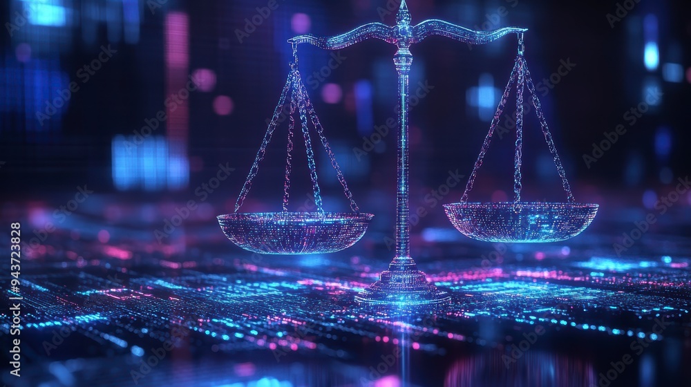 Poster the digital scales of justice against the backdrop of data and code symbolize the rule of law in the
