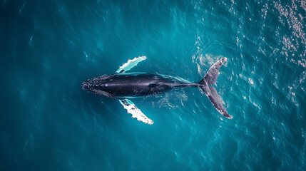 Fototapeta premium Aerial View of Humpback Whale Swimming in Blue Ocean