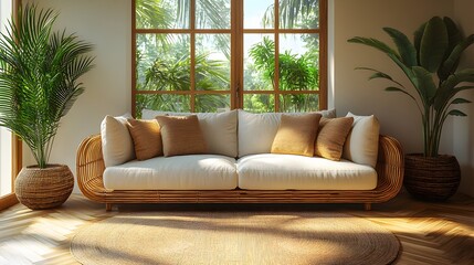 Airy living space with a cozy sofa, simple furnishings, and sunlight pouring in, high resolution for a serene ambiance.