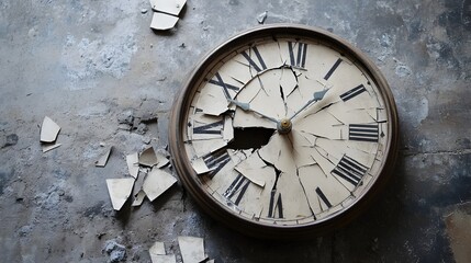 Shattered Clock Face a Conceptual Image Symbolizing the Metaphorical End of Time or the Passing of an Era  Copy Space Available for Text Overlay