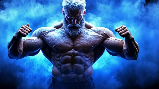 A powerful figure showcases impressive muscularity while surrounded by vibrant blue smoke, creating a dramatic and energetic atmosphere emphasizing physical prowess.