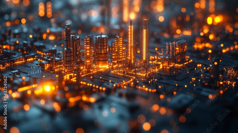 Poster dynamic energy flow visually represents a decentralized urban landscape illuminated by glowing struc