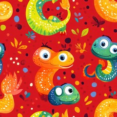 A colorful pattern featuring cartoonish, whimsical creatures on a bright red background.