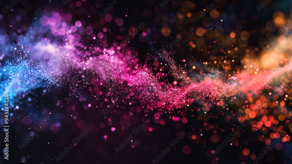 Poster abstract multicolored particles swirling in a black backdrop ad
