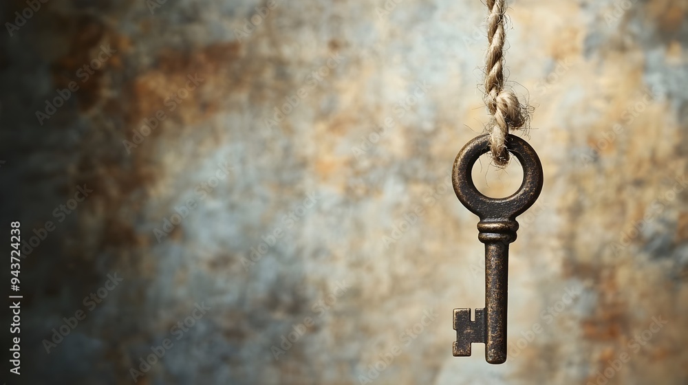 Poster metal key hanging from a simple string symbolizing potential possibilities and opportunities for gro