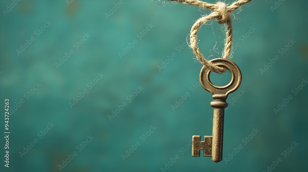 Poster close up of a metal key hanging from a string representing potential opportunity and new possibiliti