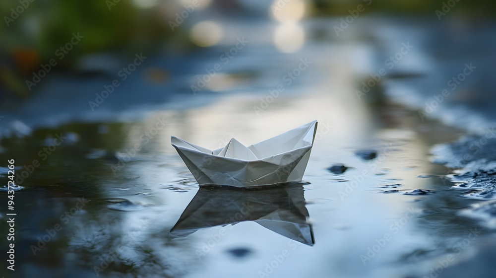 Poster a whimsical paper boat floating peacefully in a puddle its reflection mirroring the clouds above sym