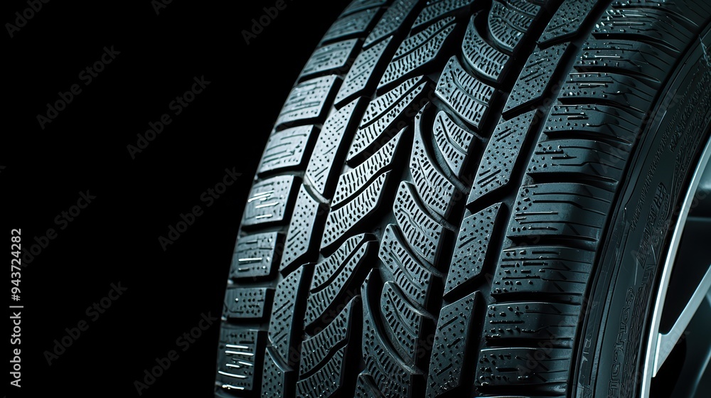 Poster high quality close up of car tire showcasing detailed tread patterns and texture. image conveys sens