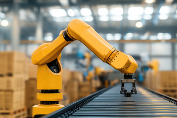 Automated Assembly Line, a bright yellow robotic arm skillfully handles components on a conveyor belt in a bustling warehouse filled with stacked boxes.