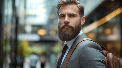 Fototapeta premium A handsome bearded man in a suit, carrying a leather backpack, walks confidently through the city, blending style with professionalism.