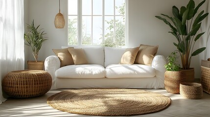 Bright living room setup with a cozy sofa, simple decor, and ample natural light, captured in high resolution.