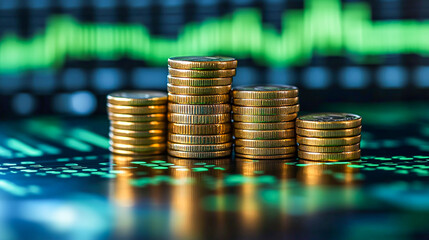 Financial Growth Concept with Ascending Gold Coins and Upward Trend Chart Background