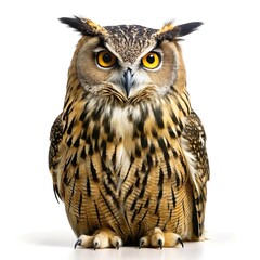 Obraz premium portrait of an eagle owl standing straight looking at the camera, isolated on white background