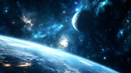 Obraz premium A planet's surface viewed from space with a celestial body and a nebula.