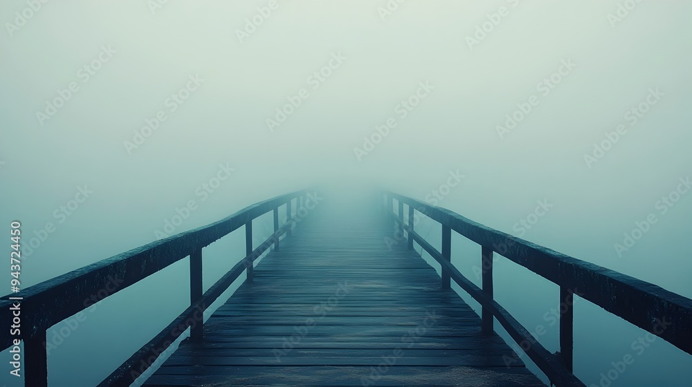 Aufkleber a serene landscape photo of a bridge disappearing into the hazy mysterious fog symbolizing the uncer