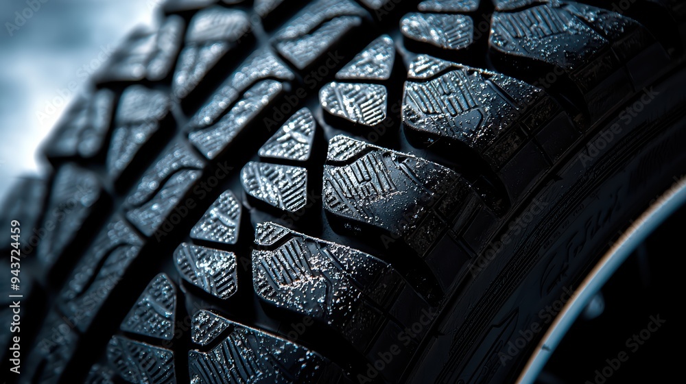 Poster close up of textured tire showcasing its tread pattern and rubber surface, conveying durability and 