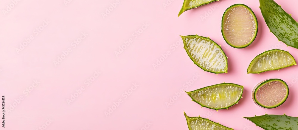 Poster Flat lay arrangement featuring cosmetic products and sliced aloe leaves on a pink background Space for text. with copy space image. Place for adding text or design