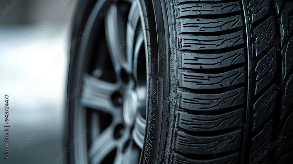Poster close up of car tire showcasing detailed tread patterns and sleek alloy wheel. image conveys sense o