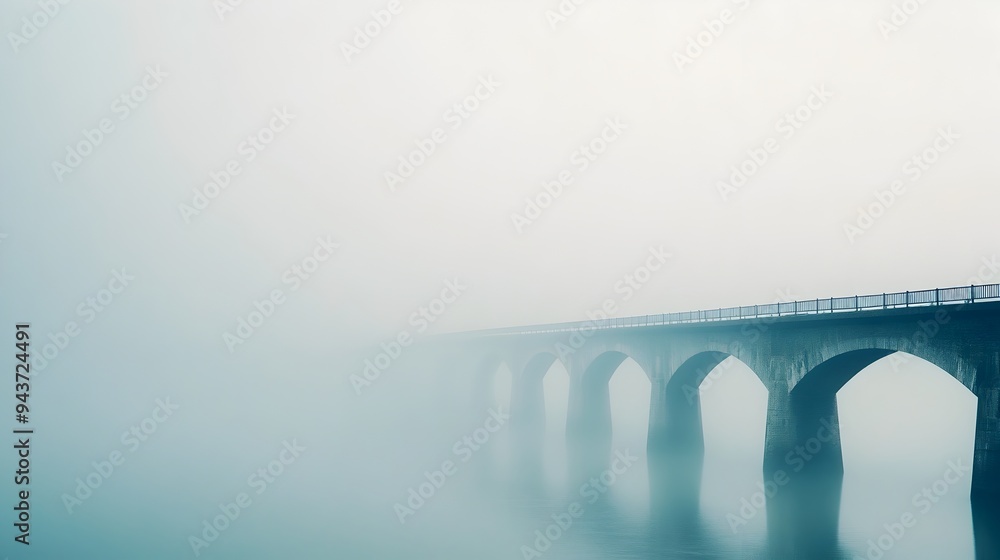 Aufkleber mysterious and atmospheric landscape with a bridge disappearing into the fog symbolizing uncertainty
