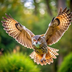Obraz premium owl flying flapping its wings wide with blurry forest background