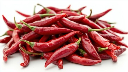 Pile of dried red hot chilies isolated on a white background 