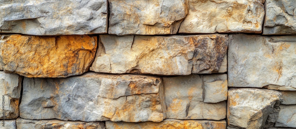 Poster Close up of the stunning pattern in a natural stone wall design. with copy space image. Place for adding text or design
