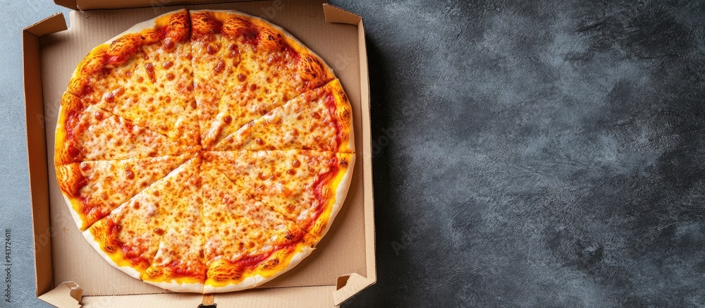 Poster cheese pizza in a carton box on a gray background top view with room for text food delivery service.