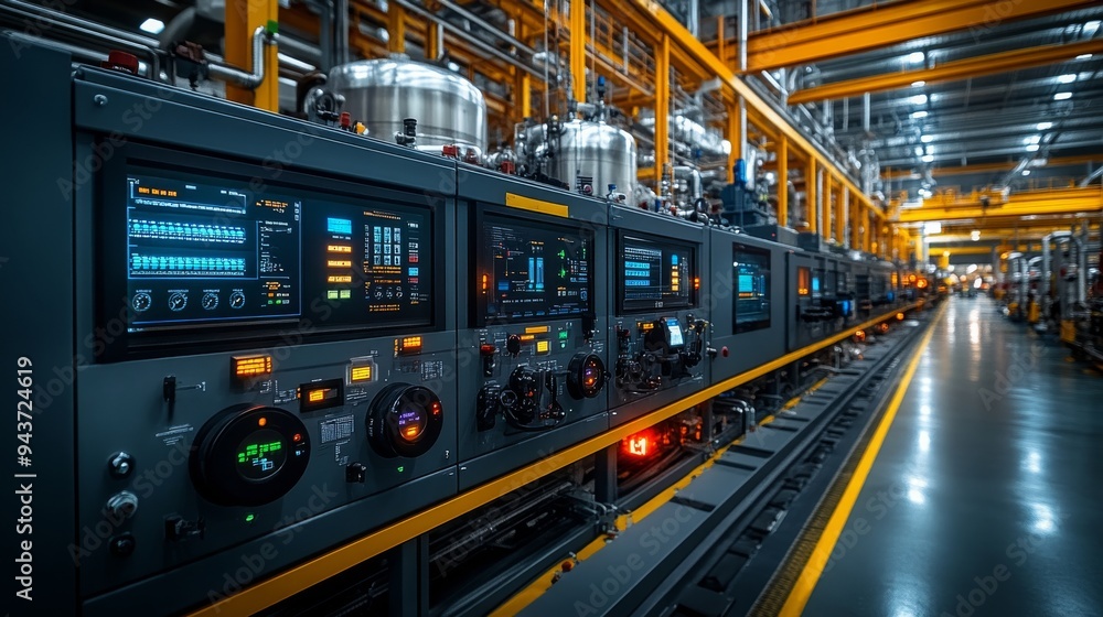 Poster a sophisticated automated system actively monitors and controls energy consumption in a bustling fac