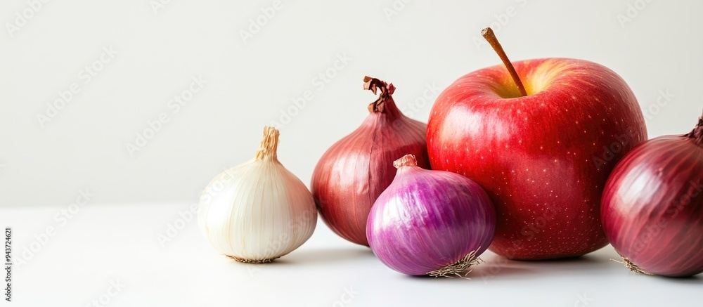 Poster image of an apple and onions on a white background. with copy space image. place for adding text or 