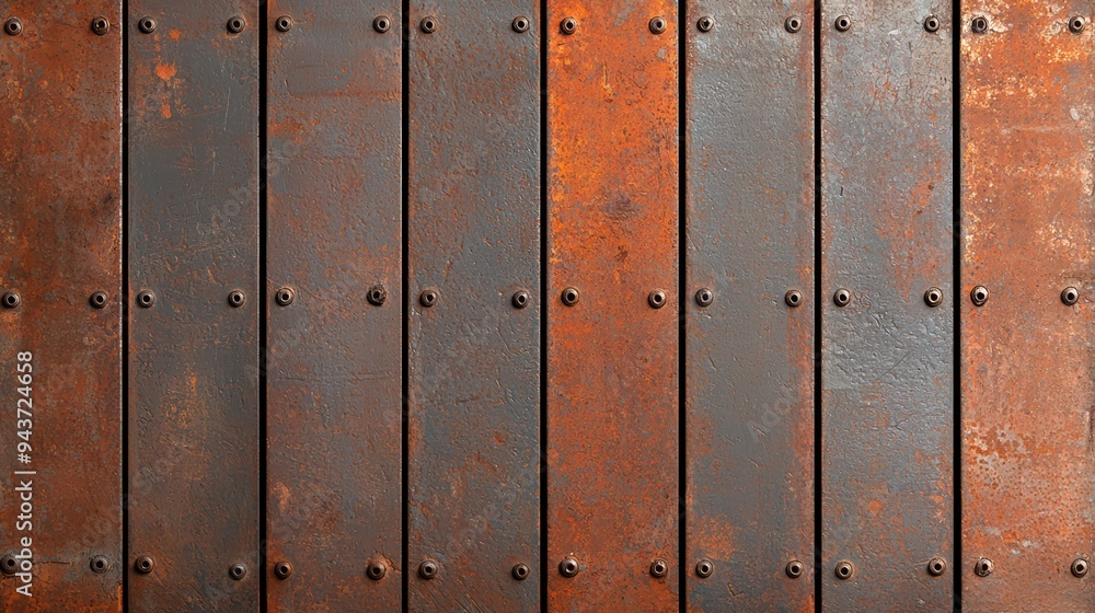 Poster rusty metal panels create textured and industrial backdrop, evoking sense of age and durability. war