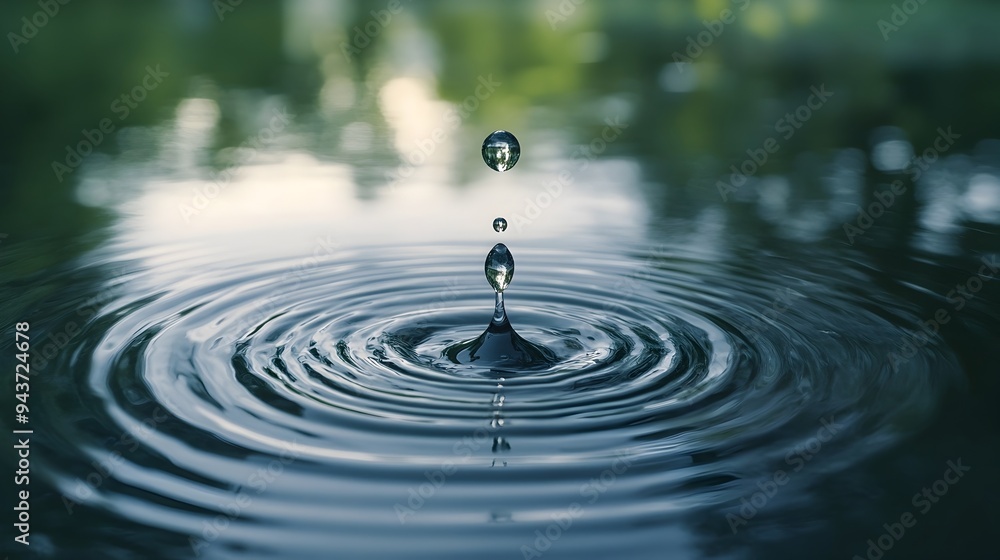 Poster a single drop of water creating concentric ripples in a still tranquil pond symbolizing the impact i