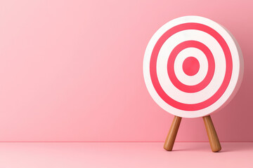 Brightly colored target on pink background, symbolizing focus and goals, featuring bold red and white concentric circles, set on wooden supports, minimalistic design.