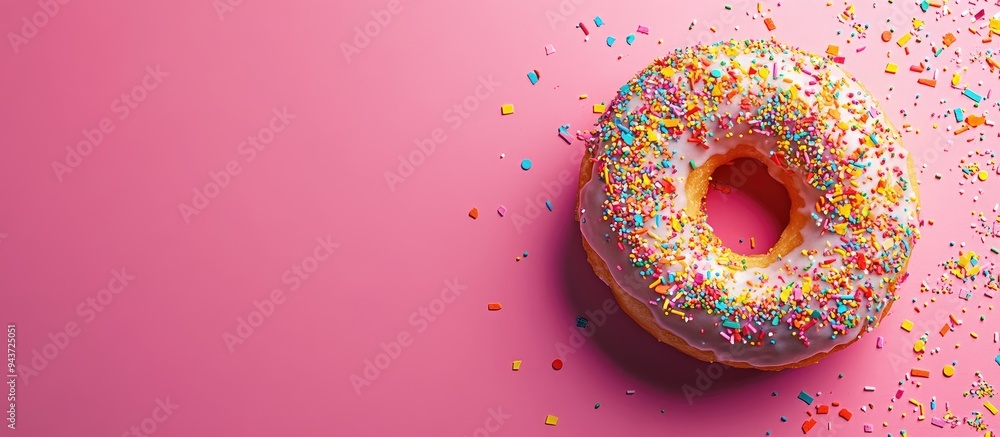 Leinwandbilder Top view of a bitten doughnut adorned with colorful confetti on a vibrant pink background. with copy space image. Place for adding text or design