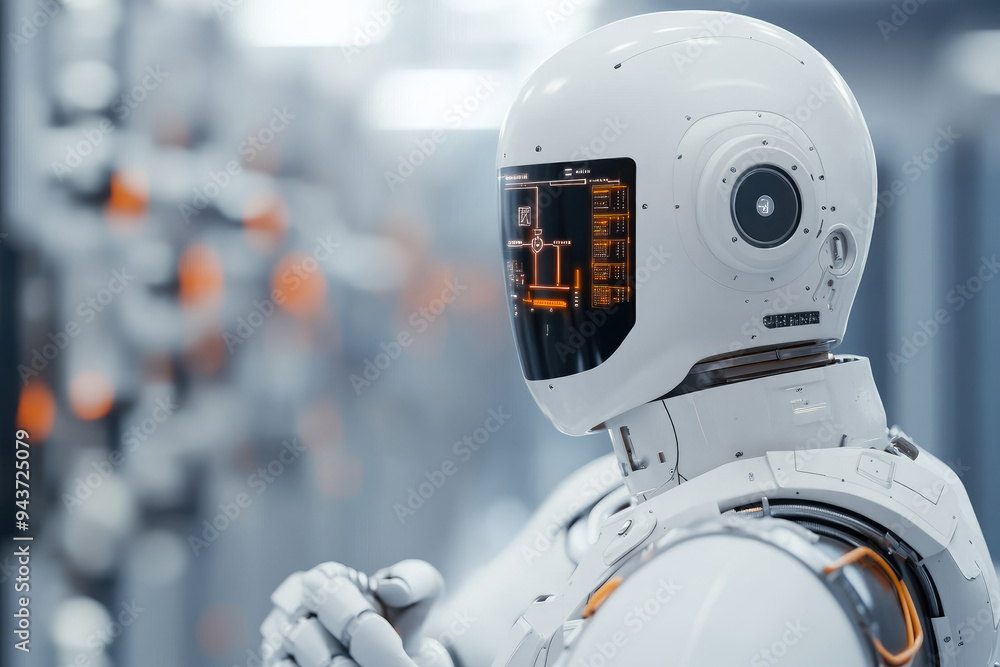 Poster futuristic humanoid robot, sleek white design, illuminated visor displays complex data, background h