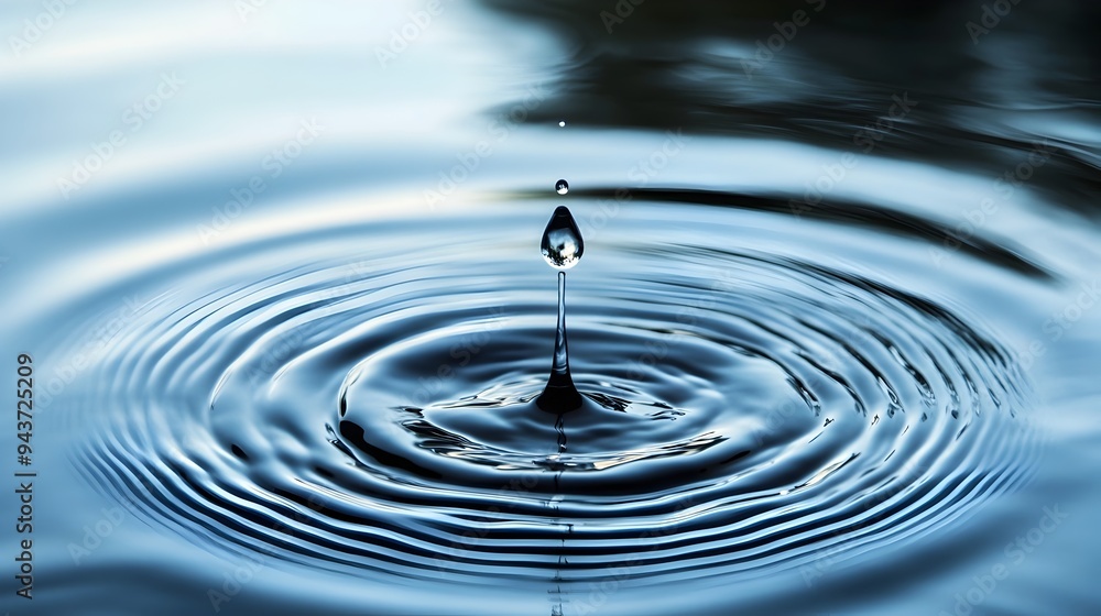 Poster a single drop of water creating captivating ripples on the surface of a still calm pond symbolizing 