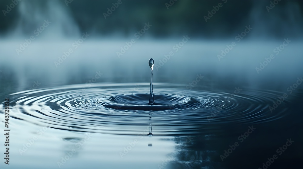 Poster a single drop of water creating a series of concentric rippling circles on the surface of a still se