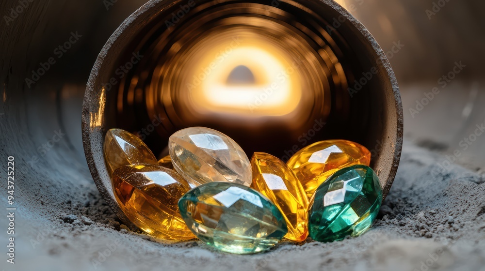 Poster shimmering gems rest in pipe, illuminated by soft light, evoking sense of hidden treasure and wonder