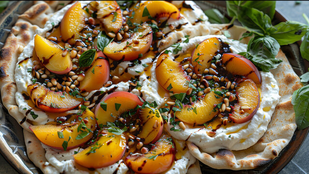  A plate of whipped ricotta with fresh roasted peaches