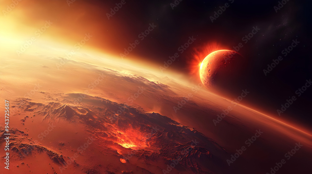 Poster a red planet with a fiery crater and a large moon in the distance.