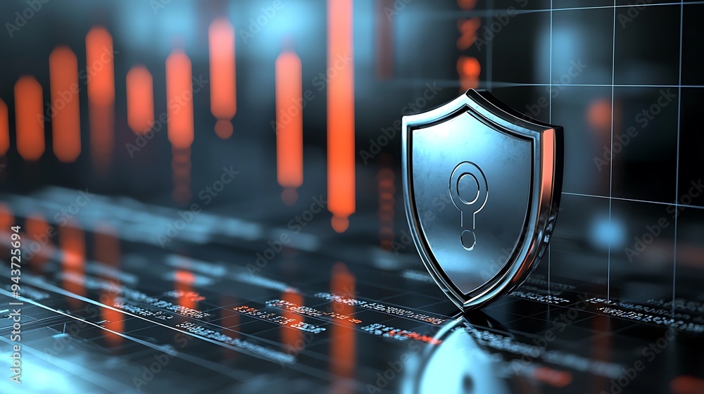 Poster a cyber security shield is displayed alongside data charts against a digital background, highlightin